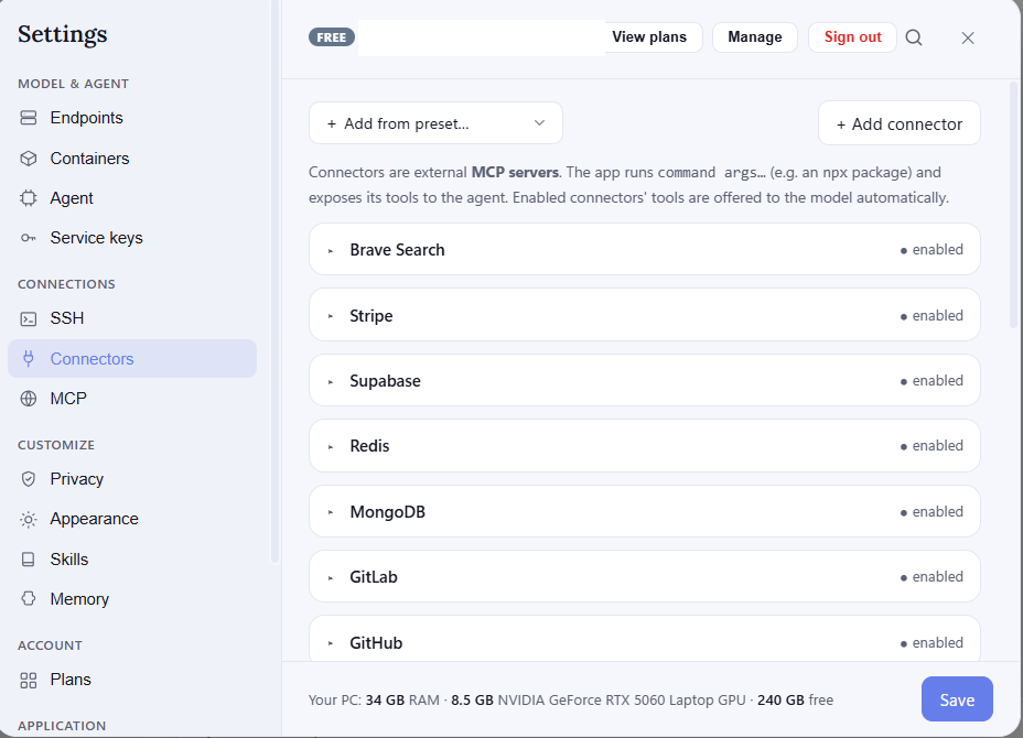 Settings → Connectors