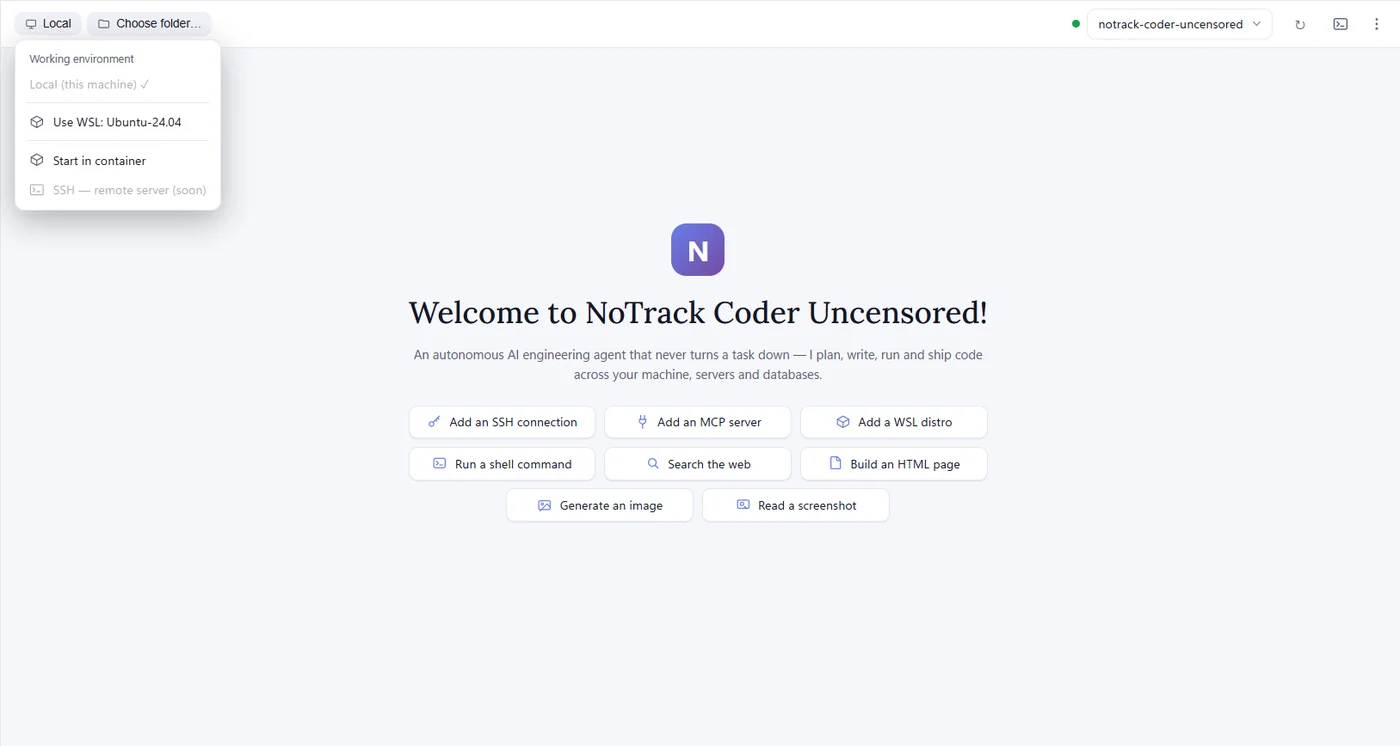 NoTrack Coder — the Working environment menu with "Use WSL: Ubuntu-24.04"